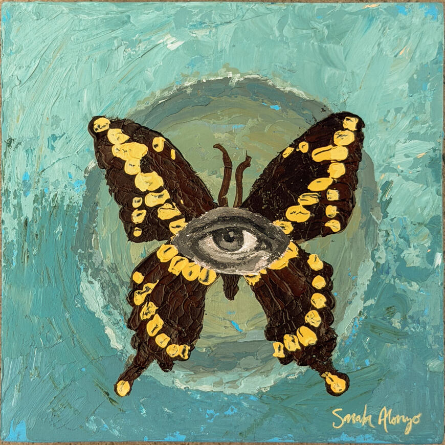 Sarah Alonzo Artist - Acrylic Painting vibrant Butterfly painting with black and white eye painted in the middle