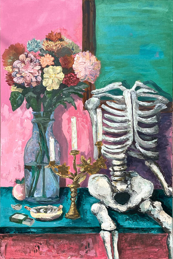 Sarah Alonzo Artist - Acrylic Painting Still life paintings of flowers and skeleton, bright pastel pinks and greens, impressionism,