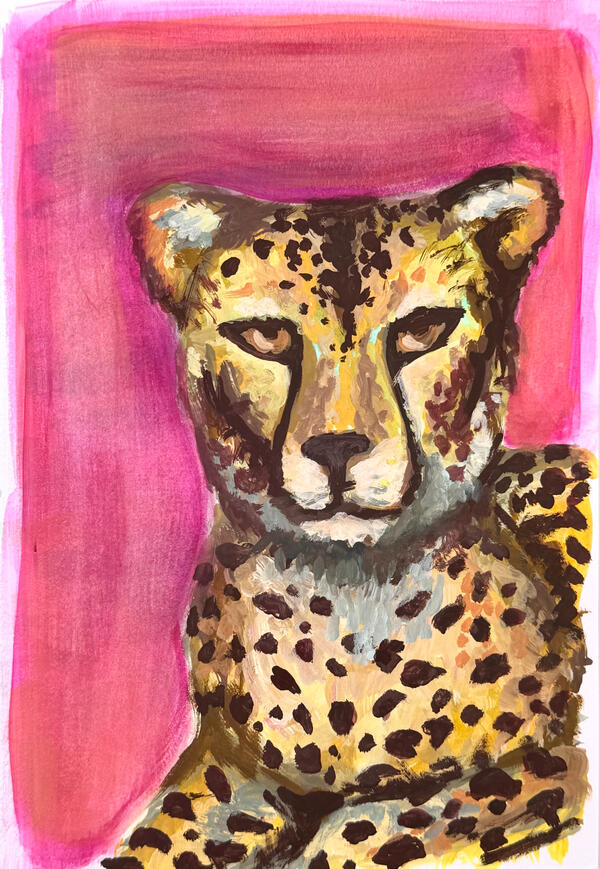 Sarah Alonzo Artist - Gouache Vibrant cheetah painting, pink background