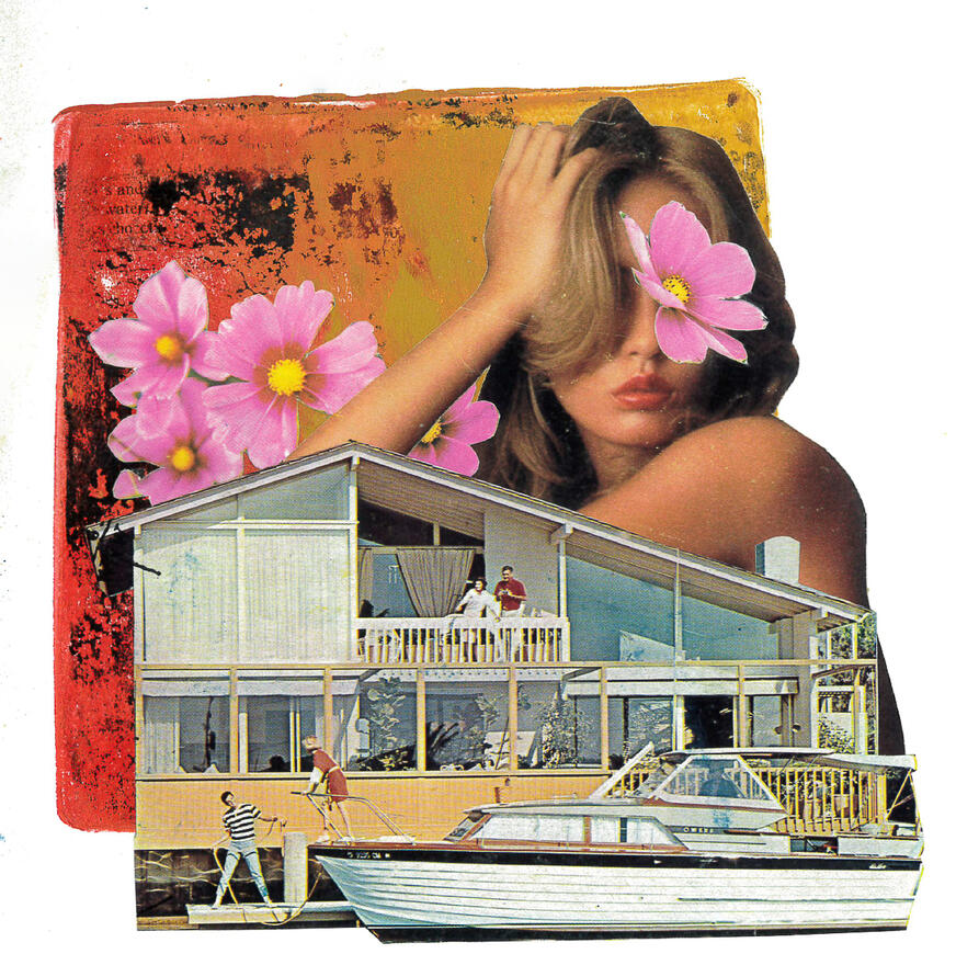 UntitledSarah Alonzo Artist - Mixed Media Mixed Media collage with woman and flowers behind a 1970s style house in a harbor. bright colors