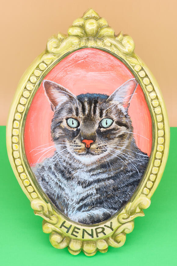 Sarah Alonzo Artist - Mixed Media victorian Ceramic frame, yellow with a brown tabby cat painted with acrylic paint, red background.