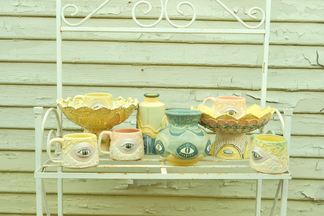 Handmade wheel thrown pottery, pastel colors, eyeballs.
