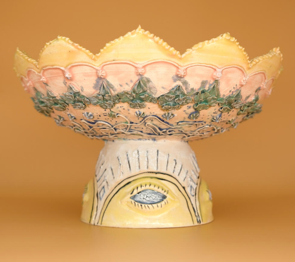 Sarah Alonzo Artist - Ceramics Ceramic wheel thrown ritual bowl with texture, pink color, cake pastry piping, eyeball