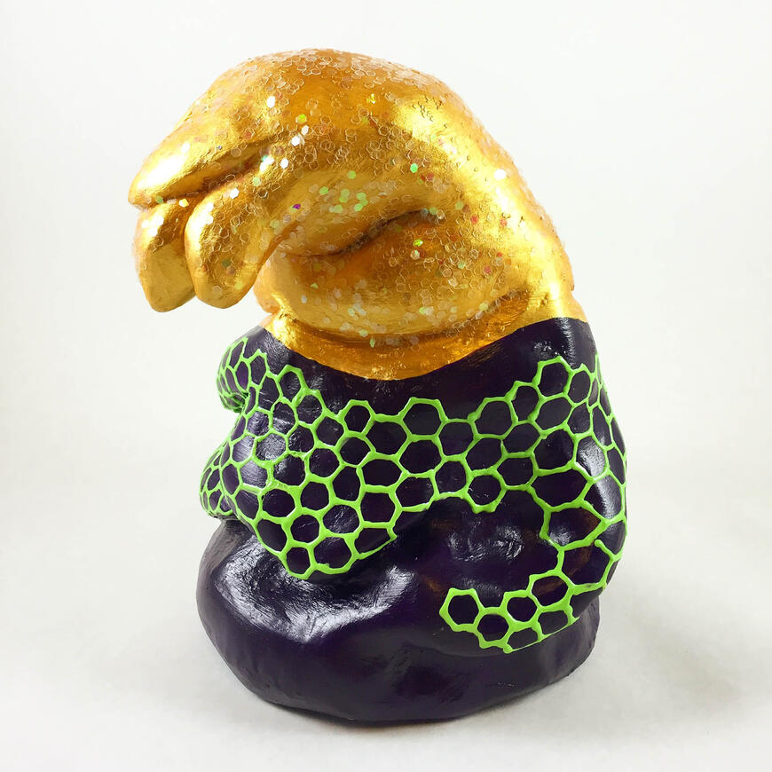 Sarah Alonzo Artist - Ceramics Abstract contemporary art ceramics sculpture, bright gold shimmer, green hexigon pattern
