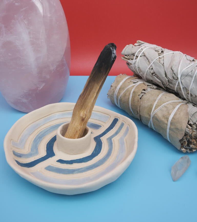 Sarah Alonzo Artist - Ceramics Ceramic 3 in 1 insense burner, palo santo burner, color blocking, sage burning, crystals.